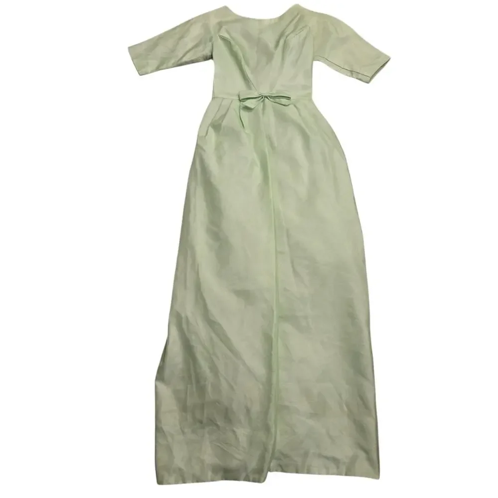 VTG 60s Mint Green Chiffon Long Bow Maxi Dress Union Gown Fits Size XS Retro - Picture 3 of 10